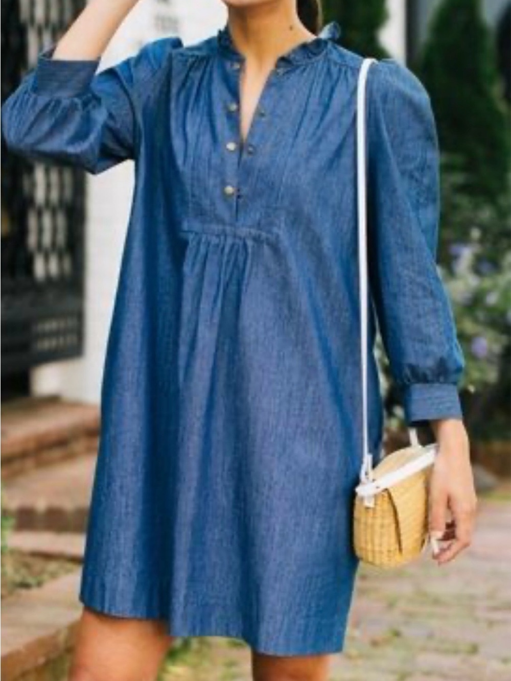 Pomander Place Chambray Claiborne Dress Small Denim Shift Ruffle Mock Neck XS